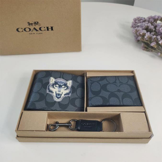 Coach Compact 3-in-1 Black Wallet Set with Wolf Logo Signature Canvas