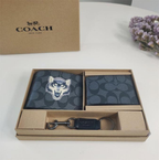 Coach Compact 3-in-1 Black Wallet Set with Wolf Logo Signature Canvas