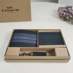 Coach Compact Leather 3-in-1 Midnight Navy V-Stripe Wallet Set