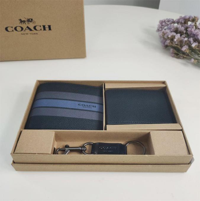 Coach Compact Leather 3-in-1 Midnight Navy V-Stripe Wallet Set