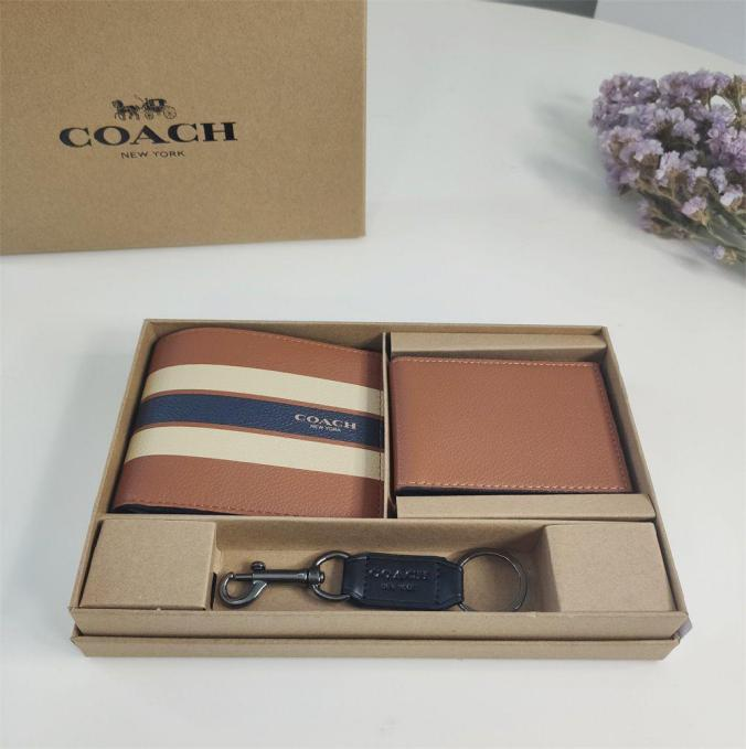 Coach Compact Leather 3-in-1 V-Stripe Print F75086 Brown Wallet Set