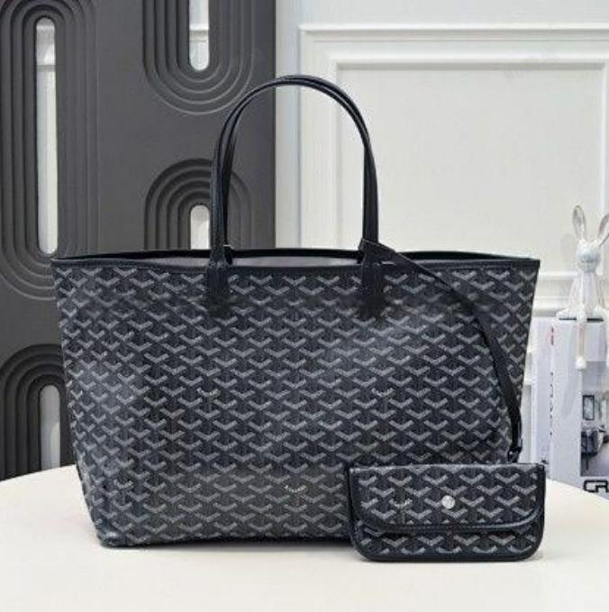 PM Black Goyardine Coated canvas with Leather Trim Tote Bag