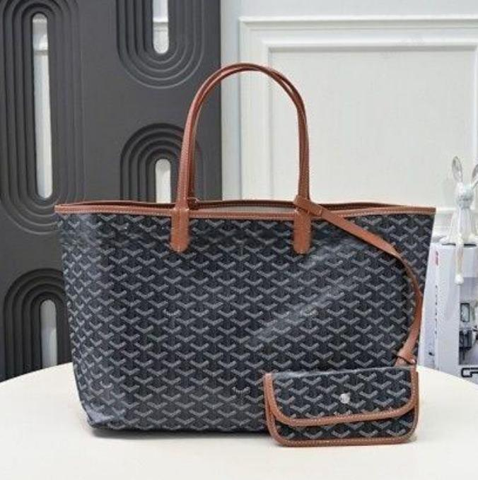 PM Black Goyardine Canvas Tote Bag with Brown Trims