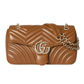 GG Brown Leather Shoulder Bag with Antique Gold-Tone Double G Closure Buckle