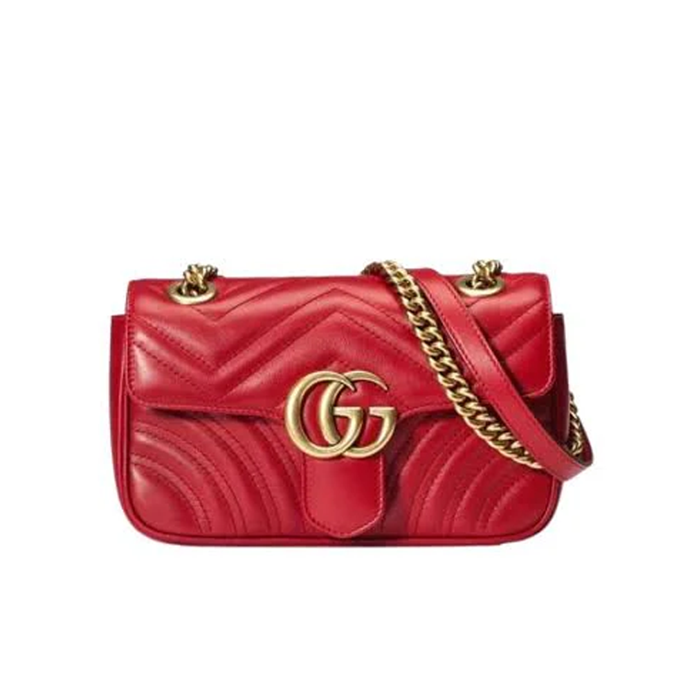 GG Marment Red Chevron Leather Multi-Size Handbag with Antique Gold-Tone Double G Buckle
