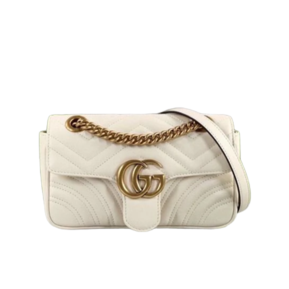 GG Marment White Chevron Leather Handbag Set with Antique Gold-Tone Double G Buckle