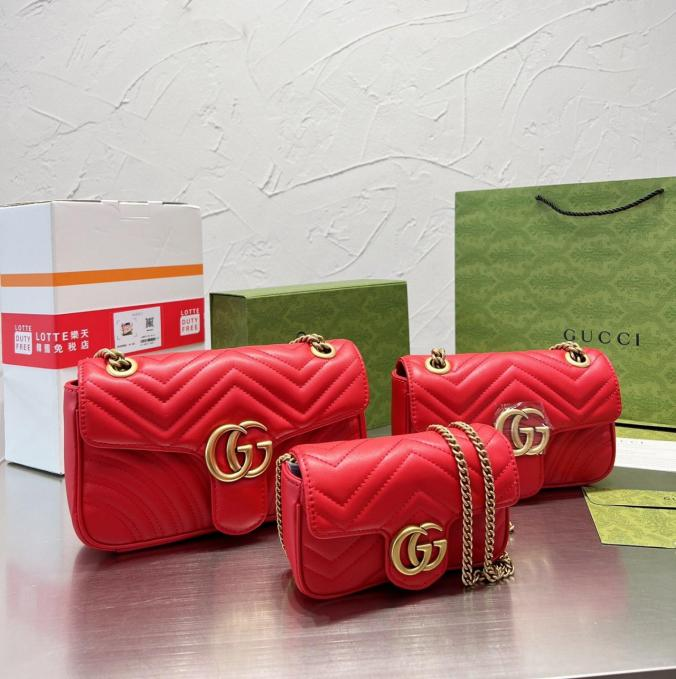 GG Marment Red Chevron Leather Multi-Size Handbag with Antique Gold-Tone Double G Buckle