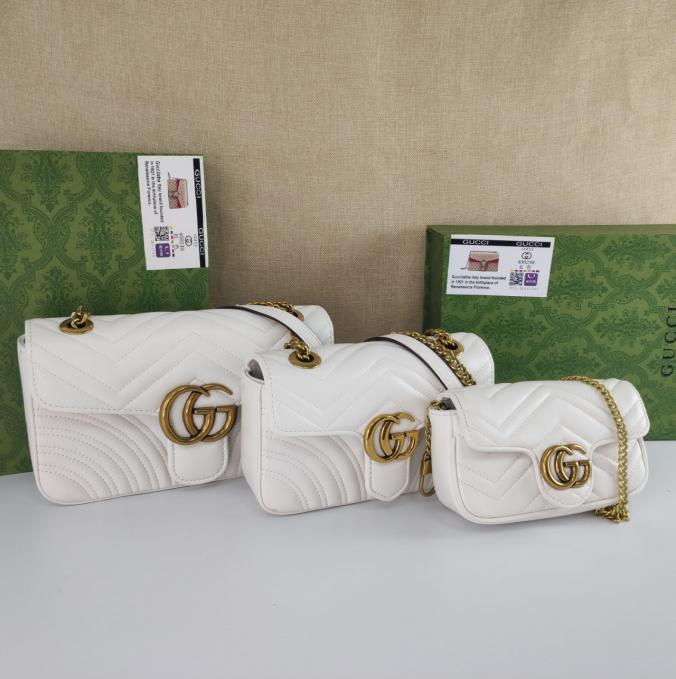 GG Marment White Chevron Leather Handbag Set with Antique Gold-Tone Double G Buckle