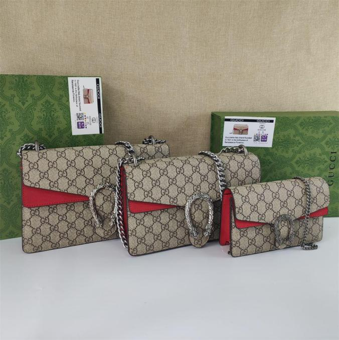 GG Red Leather Trim Supreme Dionysus Shoulder Bag Set with Signature Tiger Head Closure