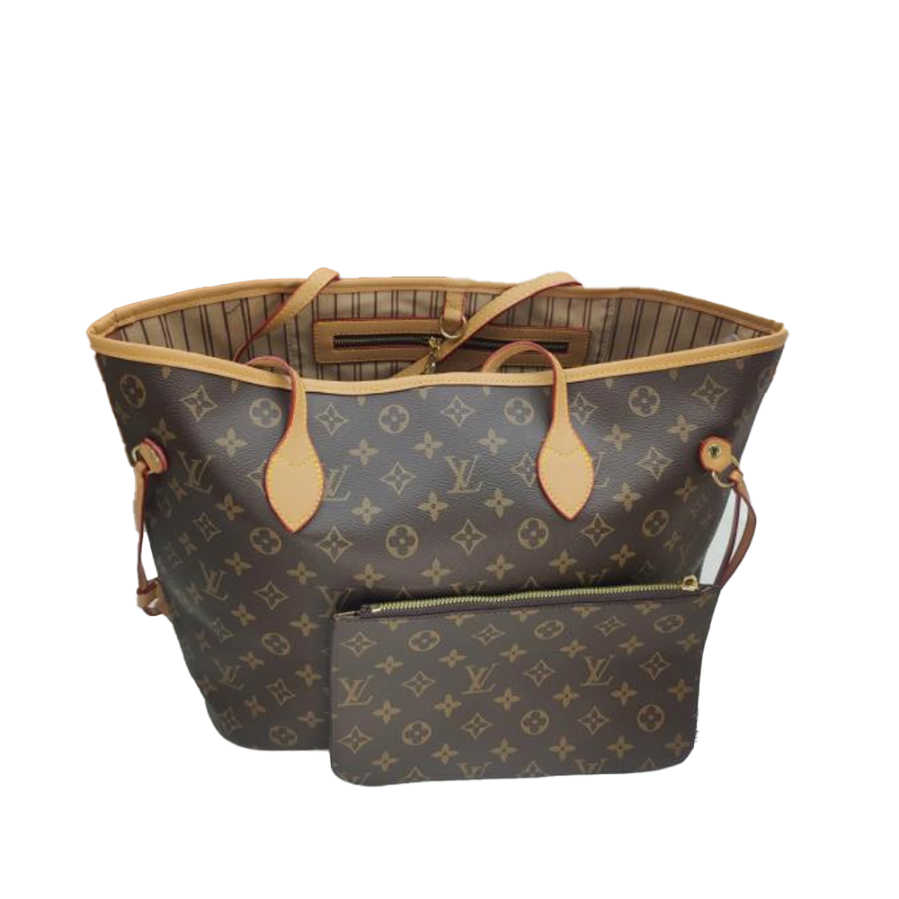 LV Neverfull MM Monogram Coated Canvas Gold-color Lining Tote Bag Pouch