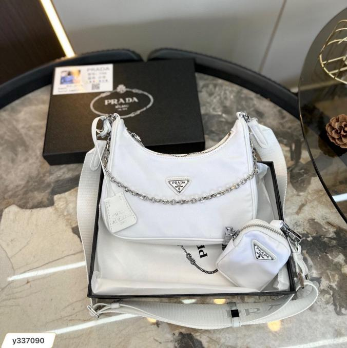 Prada Re-Edition 2005 Re-Nylon White Saffiano Leather Shoulder Bag with Poch