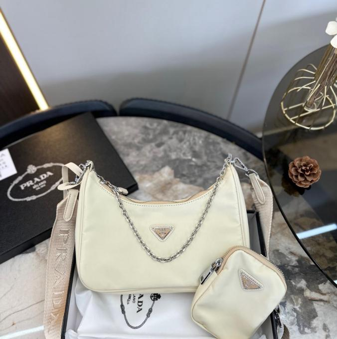 Prada Re-Edition 2005 Half White Nylon Leather Shoulder Bag with Poch