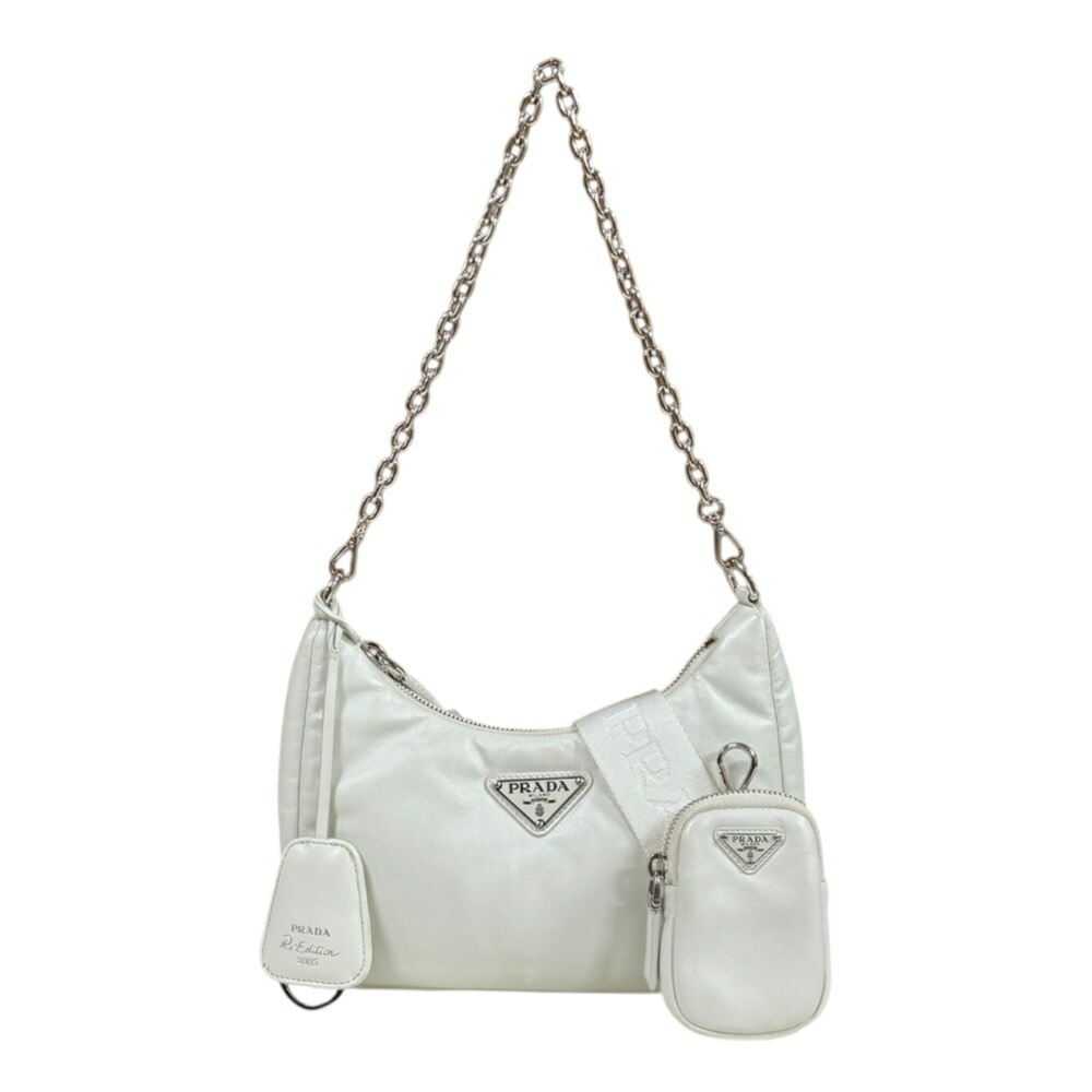 Prada Re-Edition 2005 Re-Nylon White Saffiano Leather Shoulder Bag with Poch