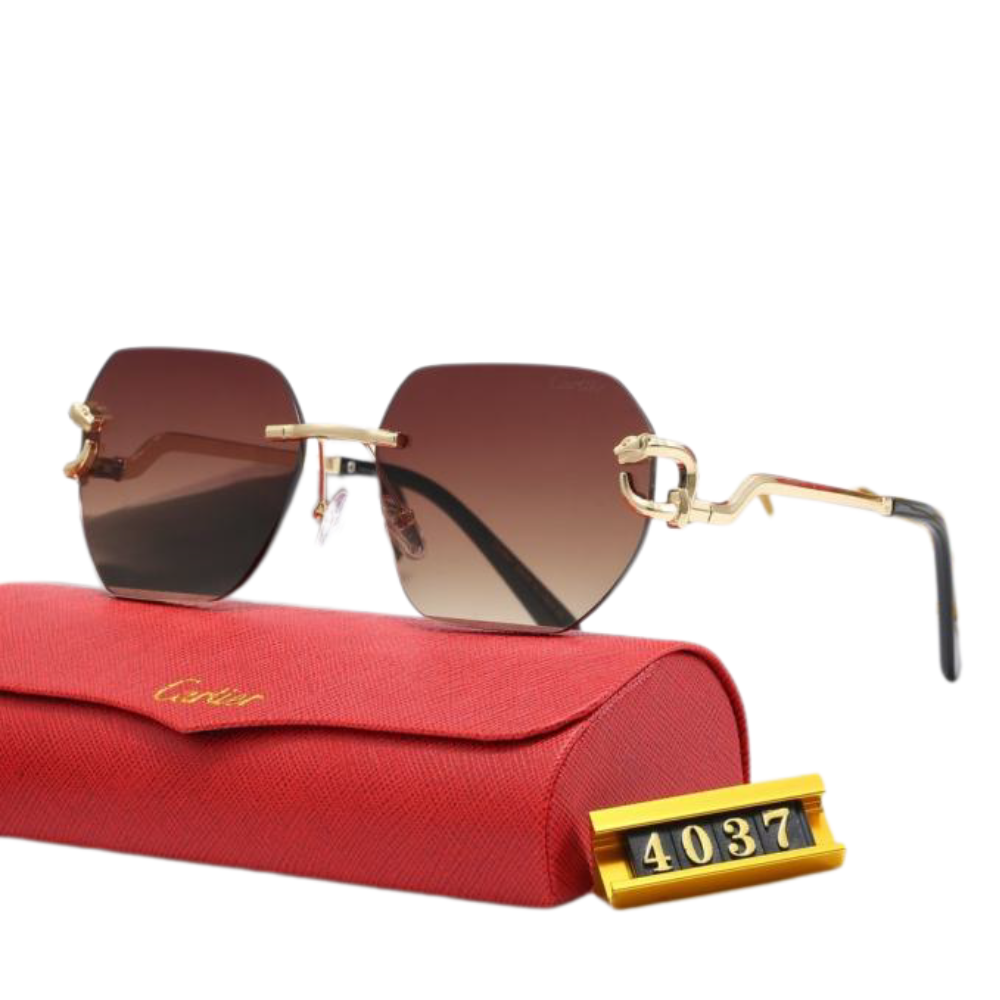 Panthère de Cartier Gold-Finish Metal Frame Sculptural Panther Dark Brown Rimless Sunglasses