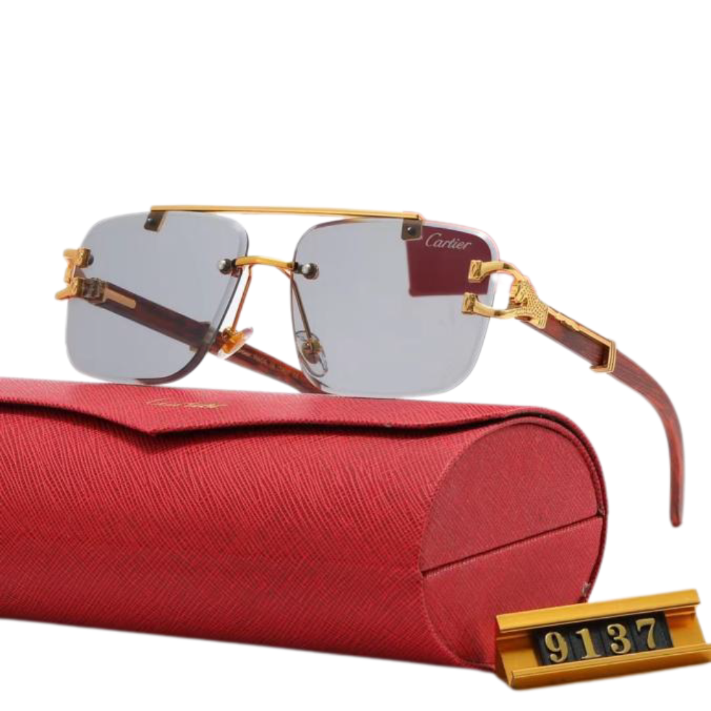 Cartier-Style Rimless Gold Panther Double-Bridge Gray Sunglasses