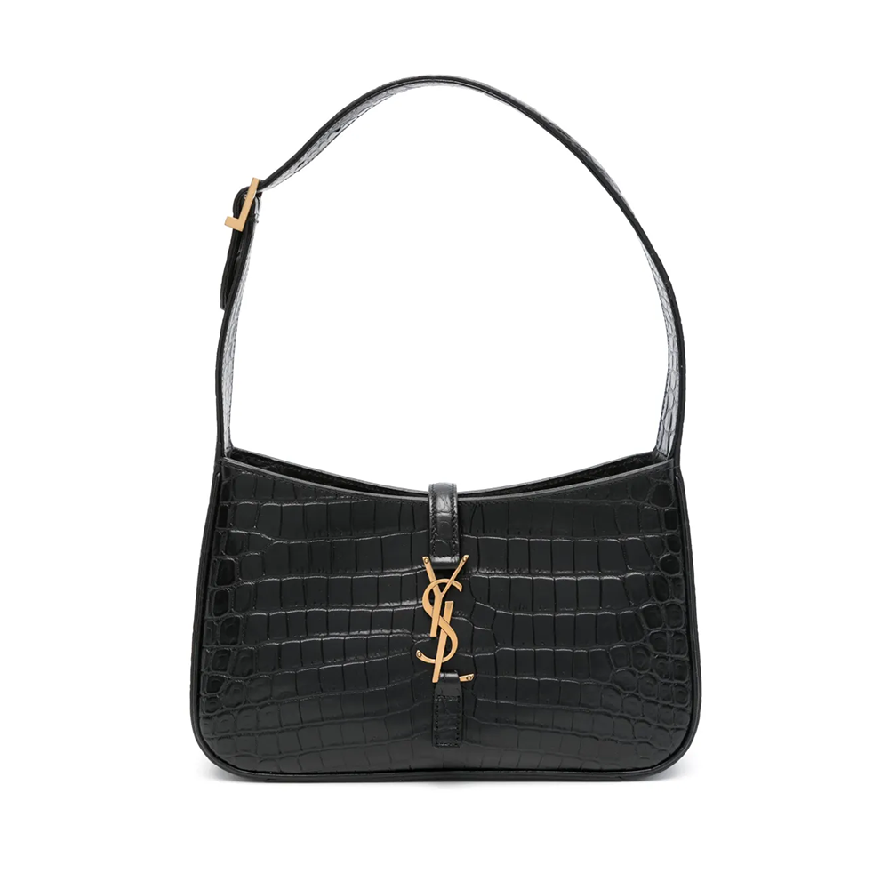 Le 5 À 7 Croc-embossed Black Leather Shoulder Hobo Bag with Gold-Tone Hardware