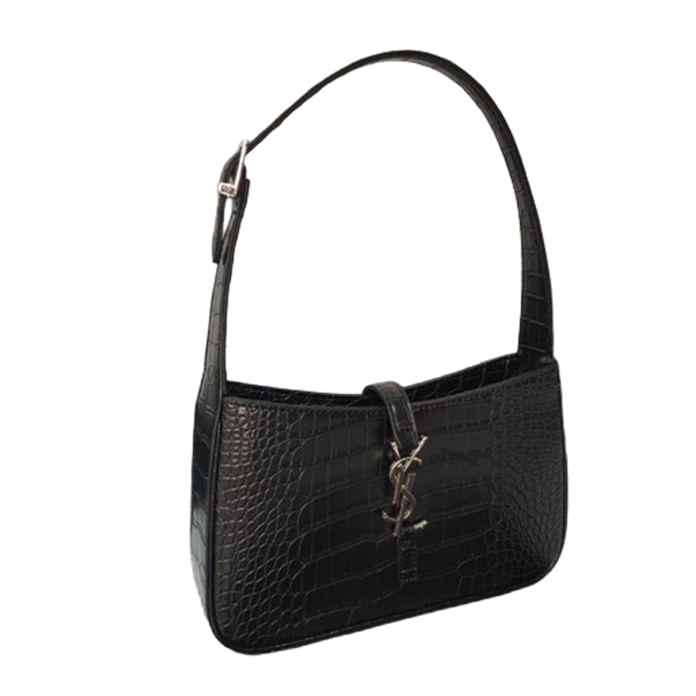 Le 5 À 7 Croc-embossed Black Leather Shoulder Hobo Soft Bag with Metal Cassandre Hook