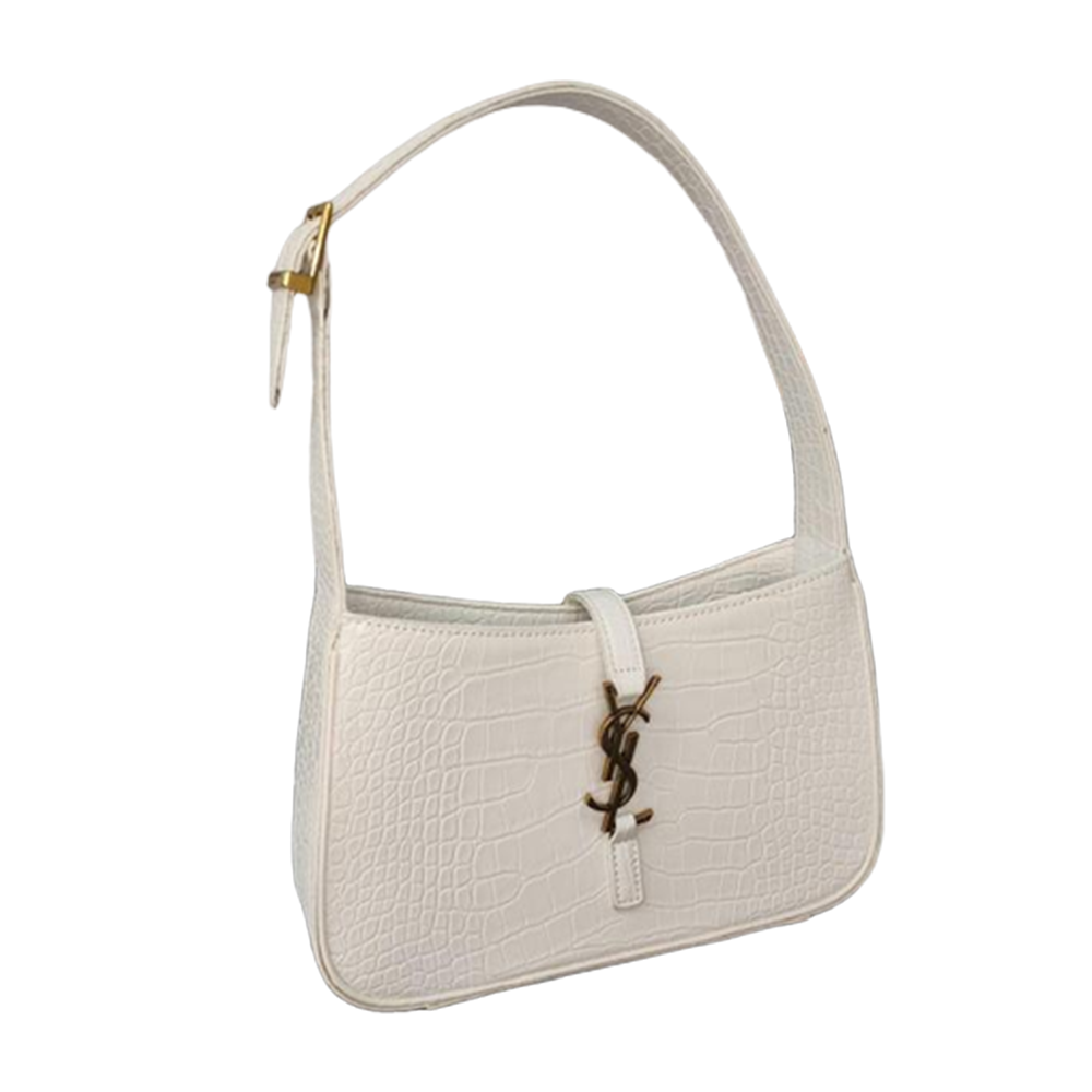 White Croc-embossed Calfskin Le 5 A 7 Shoulder Bag by Saint
