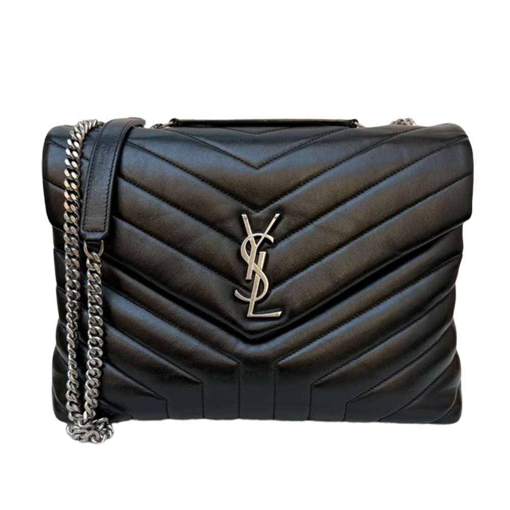 Loulou Quilted Black Luxury Leather Shoulder Cahin Bags in Multiple Sizes with Iconic Silver Gold-tone YSL Monogram