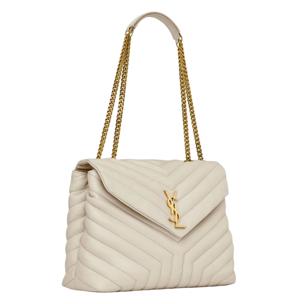 Loulou Light Beige Luxury Leather Shoulder Cahin Multiple Sizes Bags with Gold-tone YSL Monogram