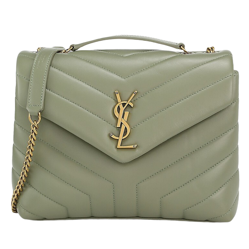 Loulou Army Green Chevron-Quilted Lambskin Leather Multiple Sizes Shoulder Chain Bags with Gold-tone YSL Monogram