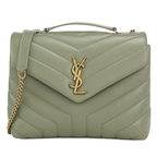 Loulou Army Green Chevron-Quilted Lambskin Leather Multiple Sizes Shoulder Chain Bags with Gold-tone YSL Monogram