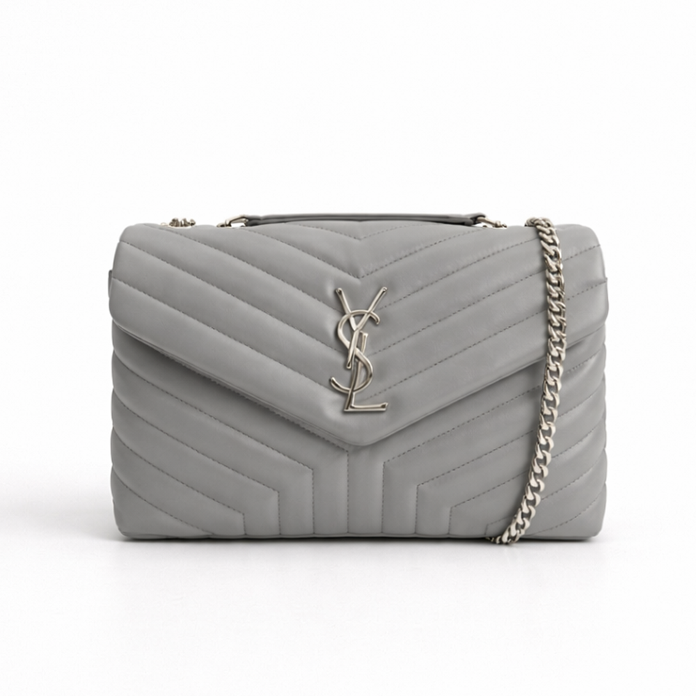 Grey Chevron-Quilted Multiple Sizes Loulou Leather Bags with YSL Monogram