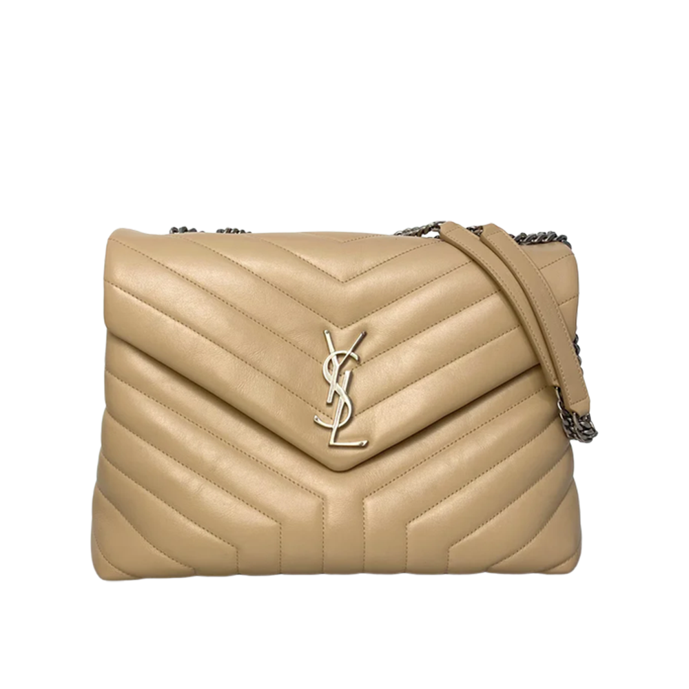 Loulou Quilted Camel Brown colored Leather Shoulder Bag in Various Sizes with Silver-Tone YSL Signature
