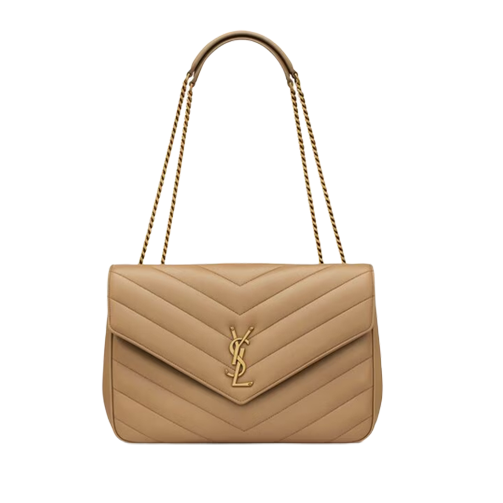 Loulou Signature Chevron- Quilted Camel Brown colored Leather Handbags in Various Sizes with Bronze-Tone YSL Closure
