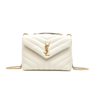 Loulou Signature Chevron- Quilted Half-White Colored Leather Handbags in Various Sizes with Gold-Tone YSL Closure