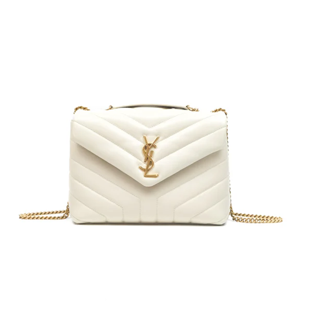 Loulou Signature Chevron- Quilted Half-White Colored Leather Handbags in Various Sizes with Gold-Tone YSL Closure