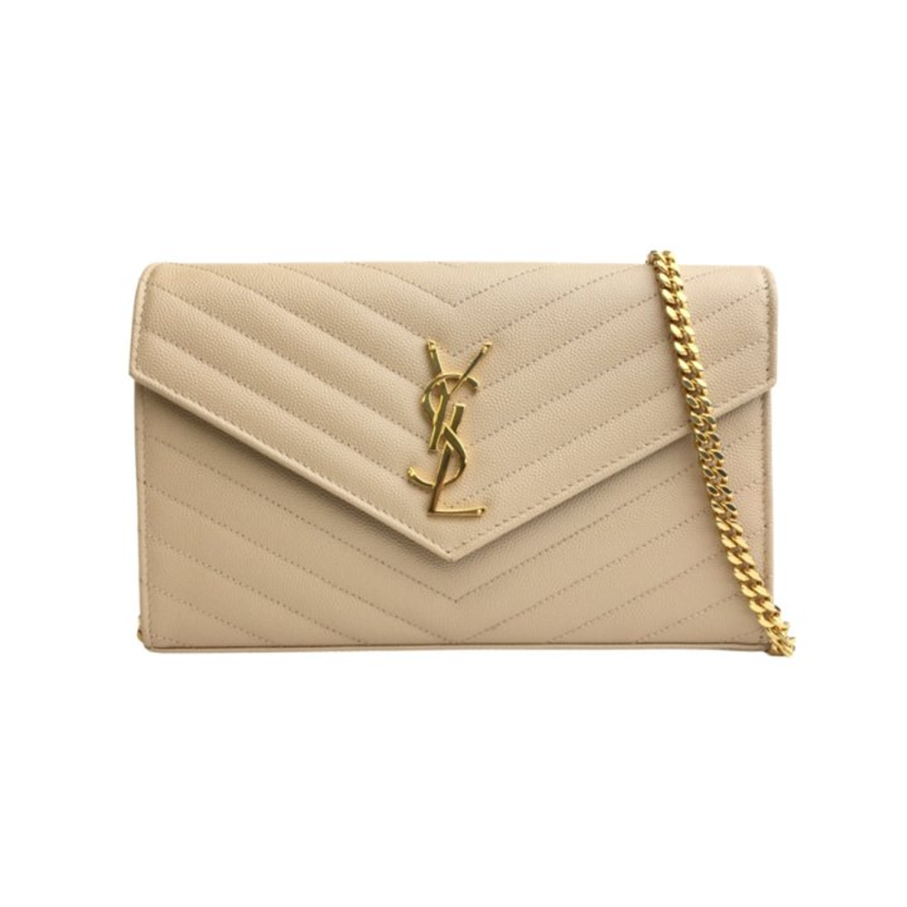 Beige Grain De Poudre Matelasse Chevron Monogram Chain Wallet