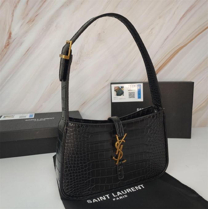Le 5 À 7 Croc-embossed Black Leather Shoulder Hobo Bag with Gold-Tone Hardware