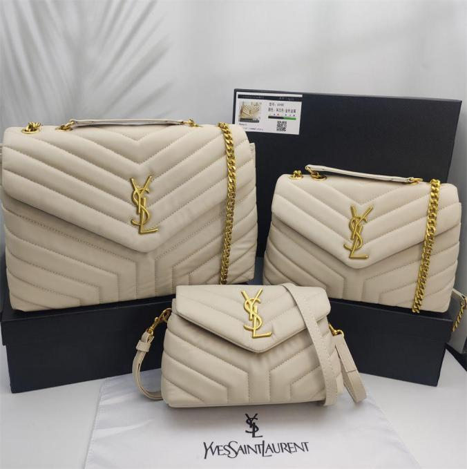 Loulou Light Beige Luxury Leather Shoulder Cahin Multiple Sizes Bags with Gold-tone YSL Monogram