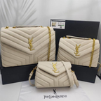 Loulou Light Beige Luxury Leather Shoulder Cahin Multiple Sizes Bags with Gold-tone YSL Monogram
