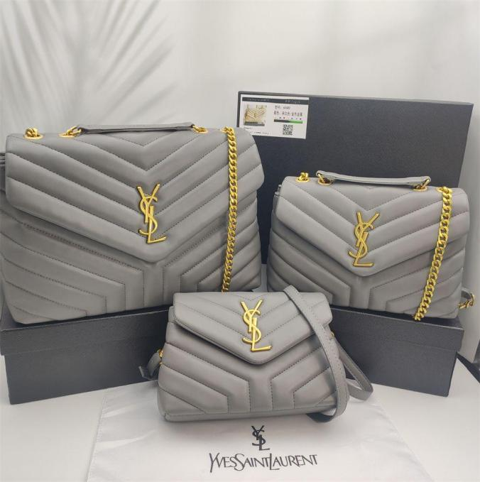 Loulou Grey Lambskin Leather Multiple Sizes Chain Handbags with Gold-Tone YSL Monogram