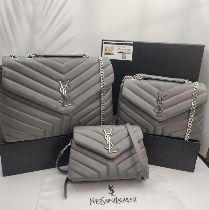 Grey Chevron-Quilted Multiple Sizes Loulou Leather Bags with YSL Monogram