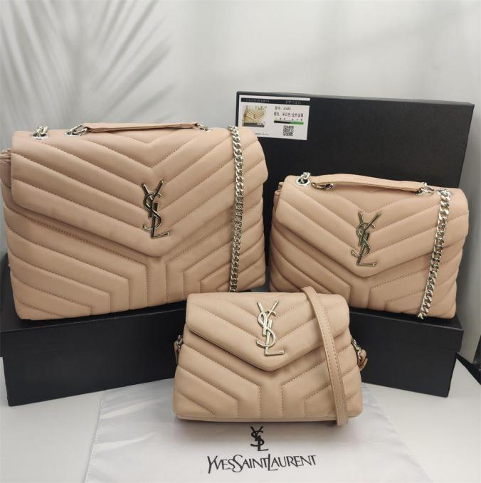 Multiple Sizes Loulou Light Brown Leather Bags with Silver-Tone YSL Monogram
