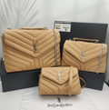 Loulou Quilted Camel Brown colored Leather Shoulder Bag in Various Sizes with Silver-Tone YSL Signature