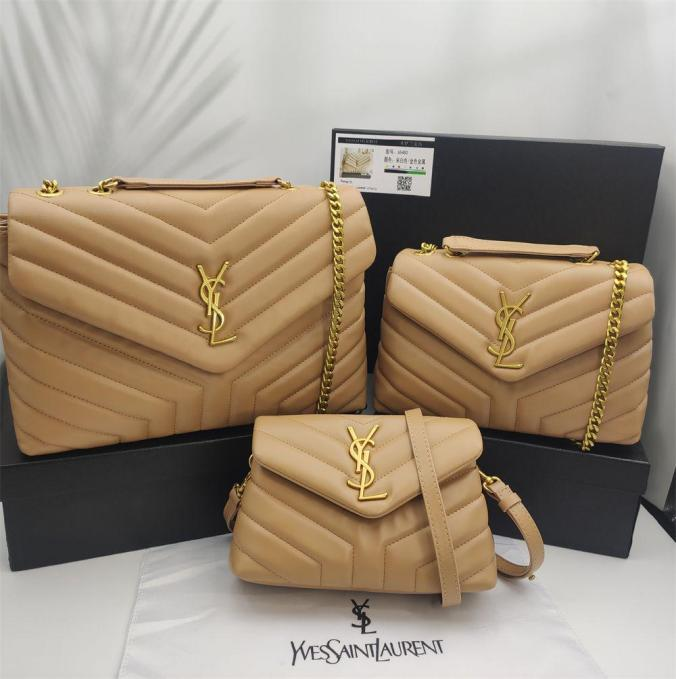 Loulou Signature Chevron- Quilted Camel Brown colored Leather Handbags in Various Sizes with Bronze-Tone YSL Closure