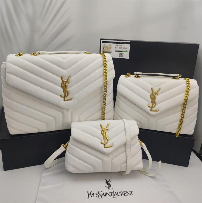 Loulou Signature Chevron- Quilted Half-White Colored Leather Handbags in Various Sizes with Gold-Tone YSL Closure