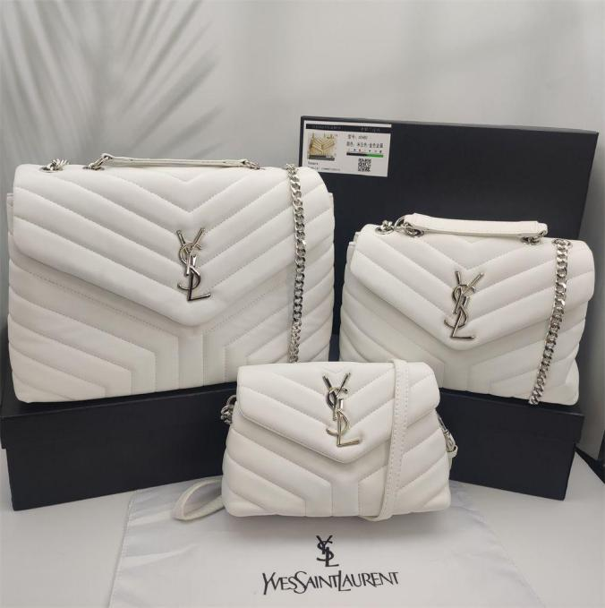 3 Pcs Loulou Signature Chevron- Quilted Half-White Colored Leather Handbags with Silver-Tone YSL Closure