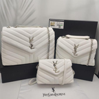 3 Pcs Loulou Signature Chevron- Quilted Half-White Colored Leather Handbags with Silver-Tone YSL Closure