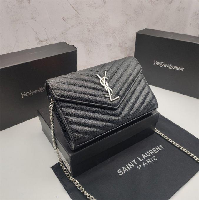 Monogram Black Grain de Poudre Leather with Silver-Toned Hardware Chain Wallet