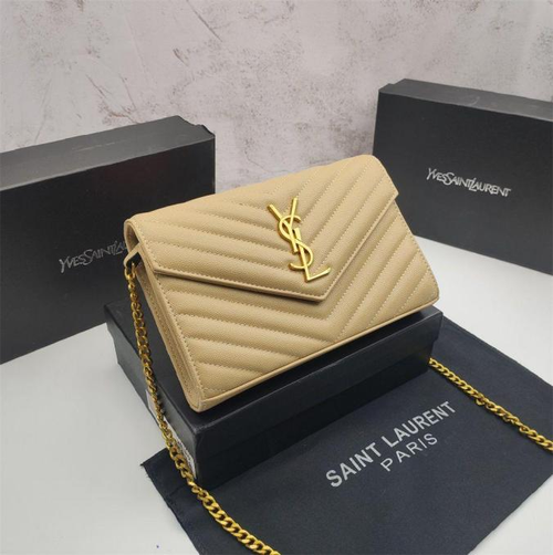 Beige Grain De Poudre Matelasse Chevron Monogram Chain Wallet