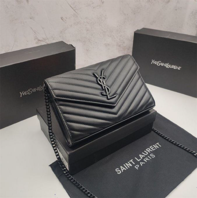 Saint Laurent Envelope Quilted Leather Chain Wallet Black Matte Hardware Bag