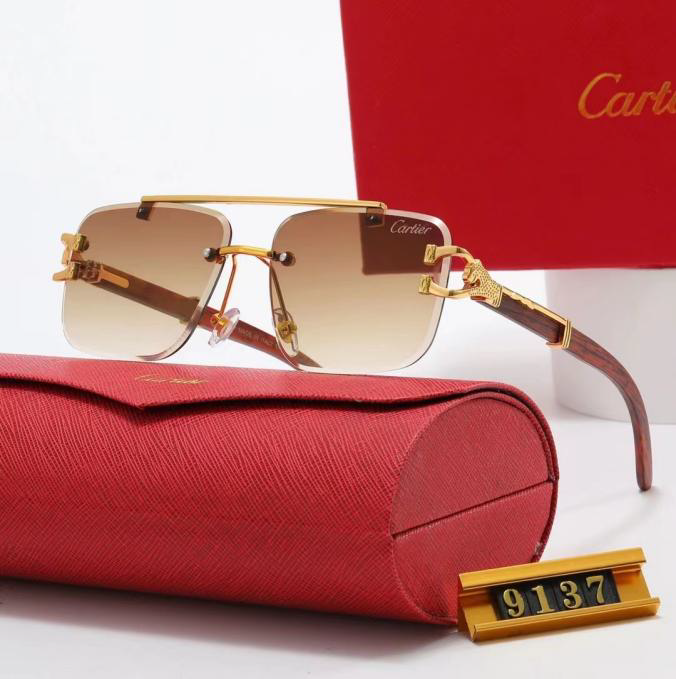 Cartier gold-tone, rimless rectangular frame with double bridge and signature Panther Golden Brown sunglasses