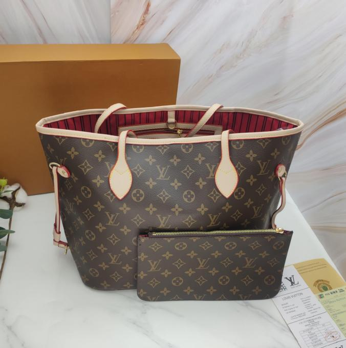 LV Neverfull MM Monogram Canvas Red Textile Lining Tote Bag