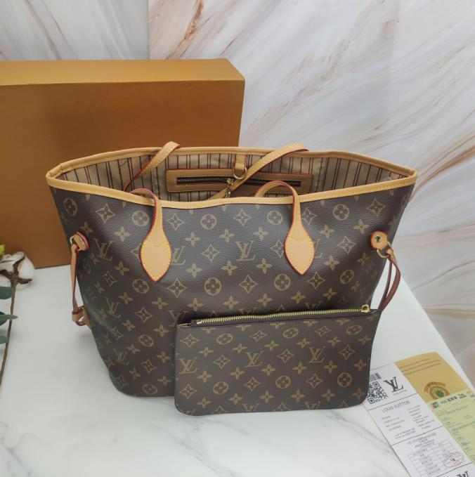 LV Neverfull MM Monogram Coated Canvas Gold-color Lining Tote Bag Pouch