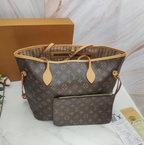 LV Neverfull MM Monogram Coated Canvas Gold-color Lining Tote Bag Pouch